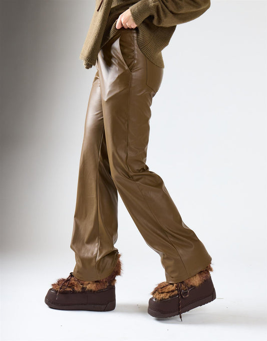 Khaki PU Patch Pockets Trousers
