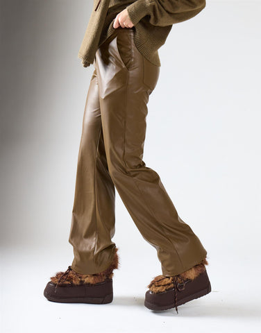 Khaki PU Patch Pockets Trousers
