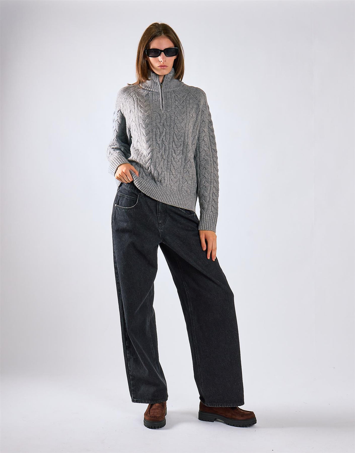 Grey Marl Cable Knit Quarter Zip Jumper