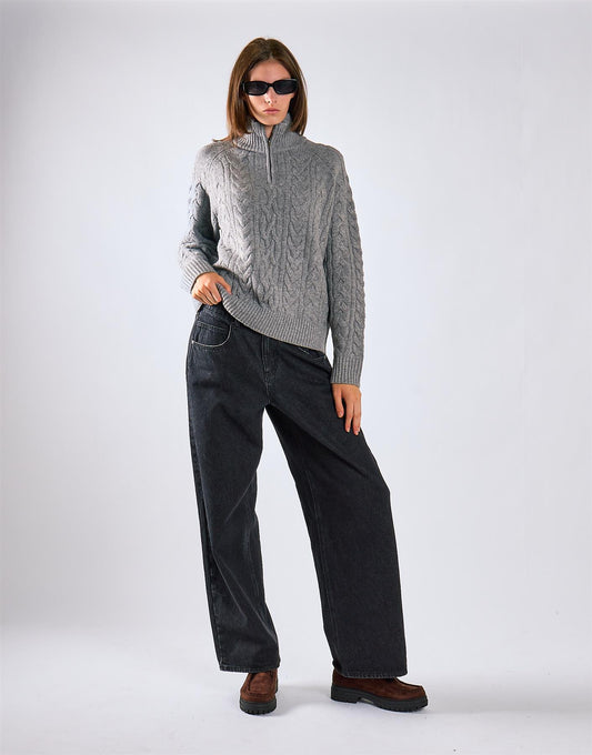 Grey Marl Cable Knit Quarter Zip Jumper
