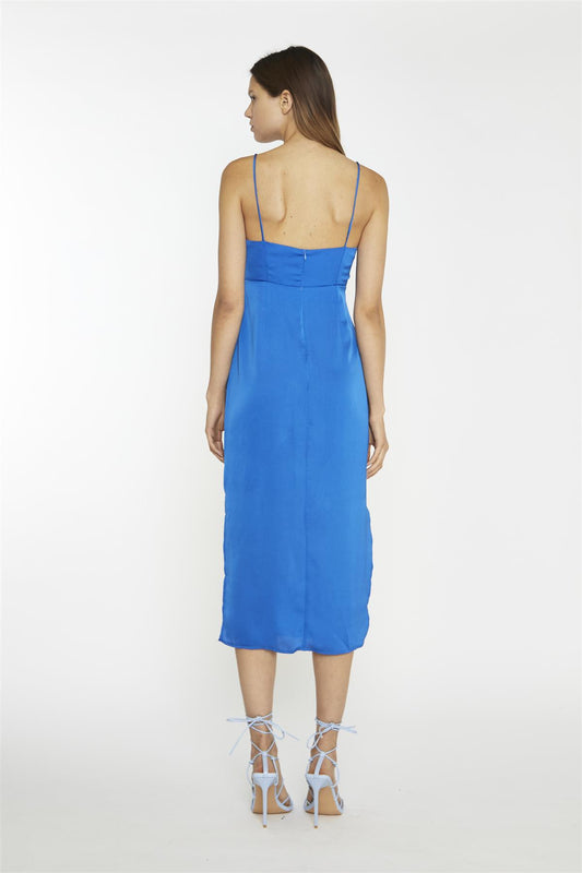 Scoop Neck Slip  Midi Dress - Blue Sateen
