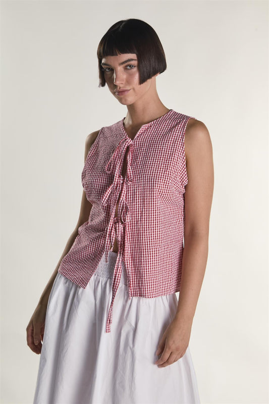 Red Gingham Tie Front Sleeveless Top