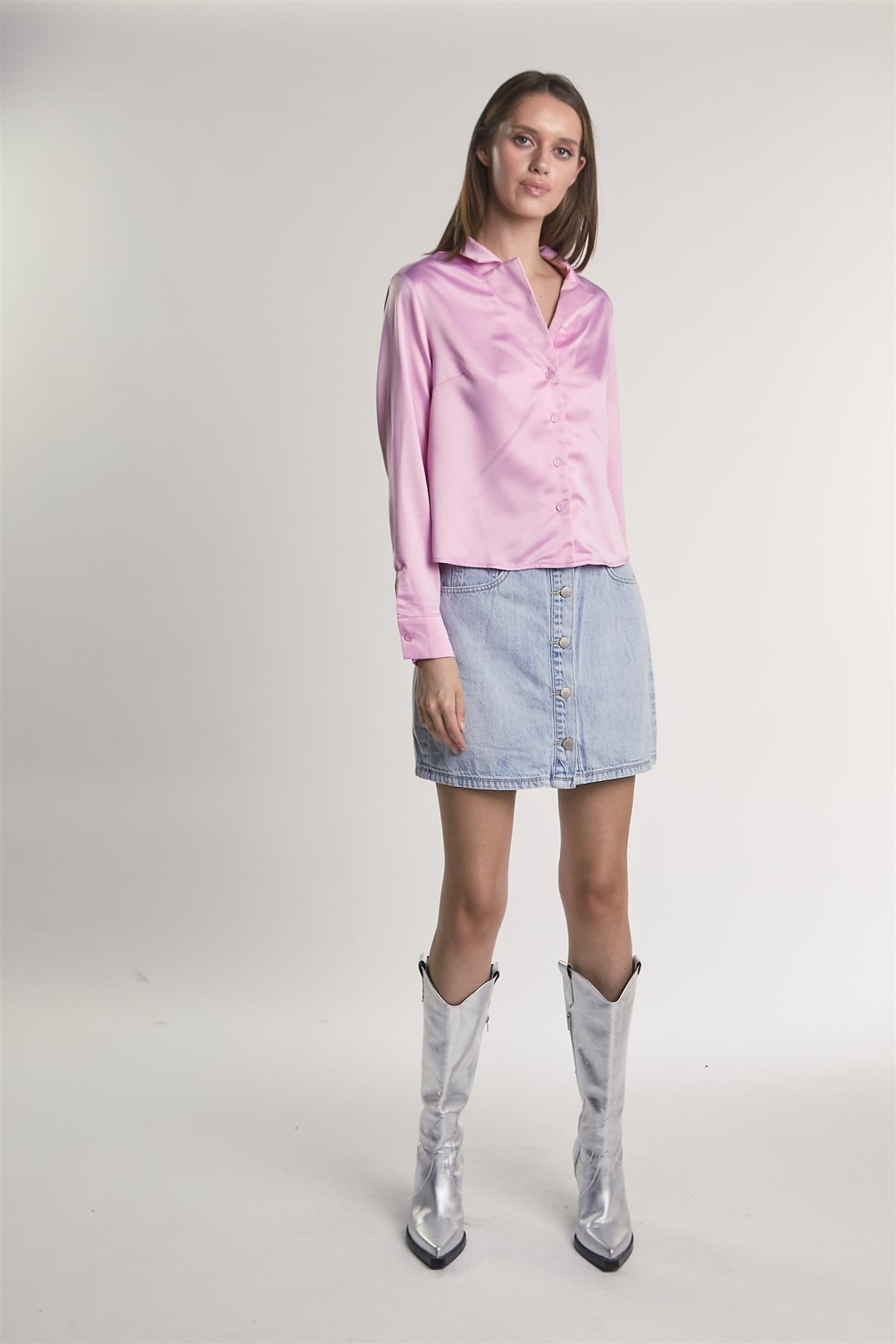 Pink-Sateen Button-Front Long Sleeve-Shirt