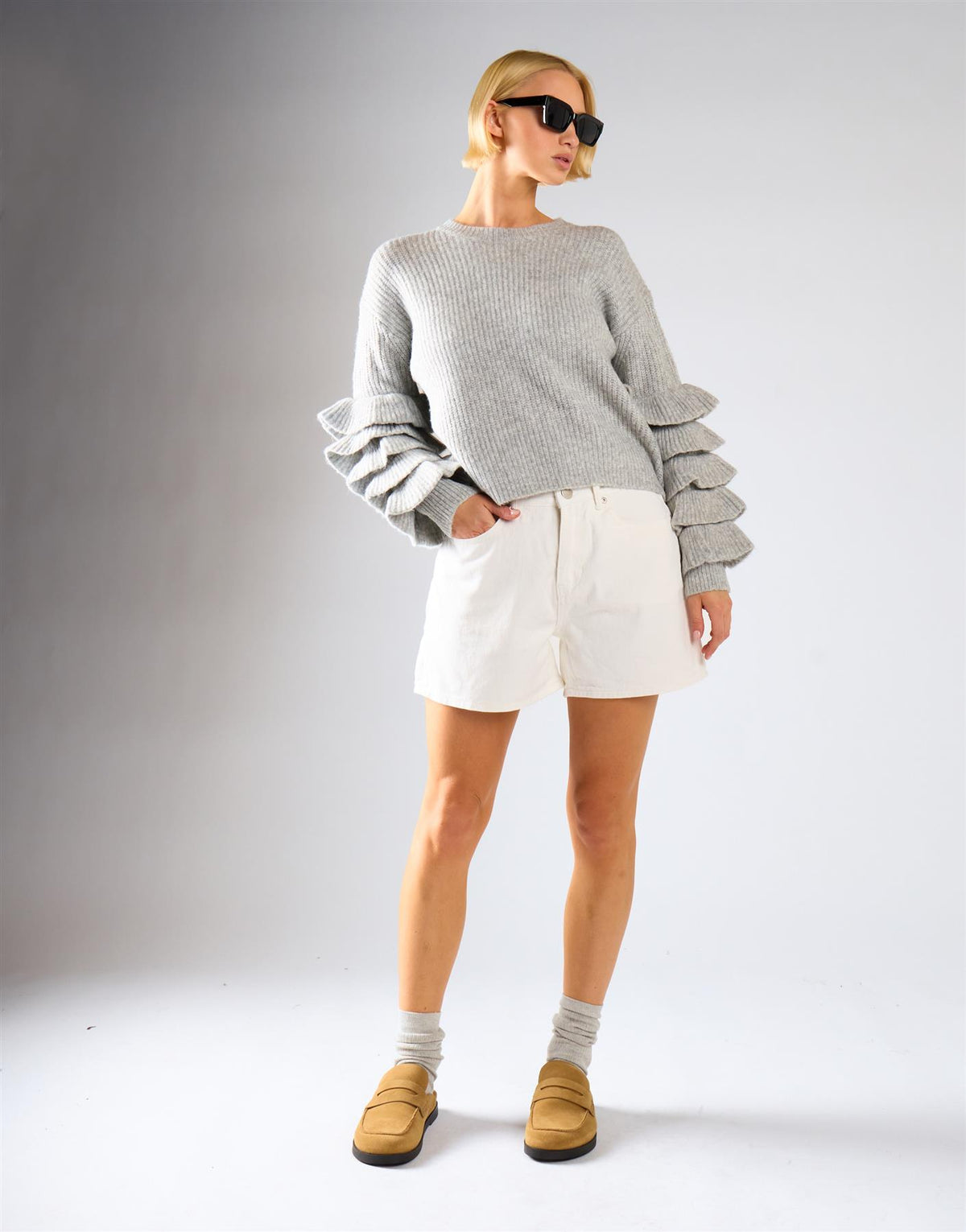 High Waist Rigid Denim Shorts - Ecru