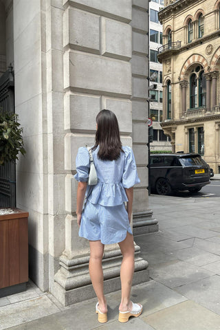 Mixed Blue Stripe Tie-Front Top