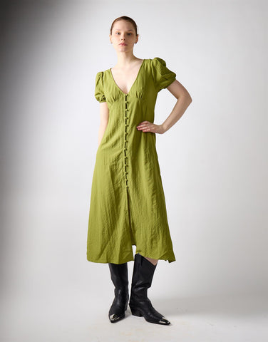 Button Front Midi Dress - Green Olive