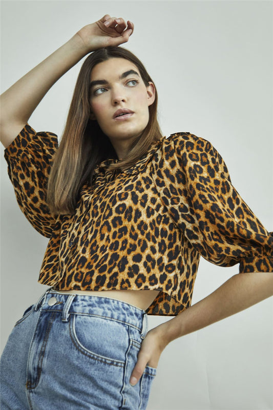 Leopard Print Long Sleeve High Neck Crop Top