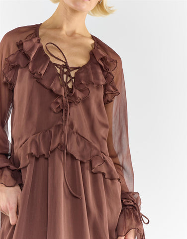 Brown Long Sleeve Ruffle Maxi Dress