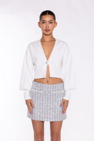 Off White Rhinestone Button Cropped Cardigan