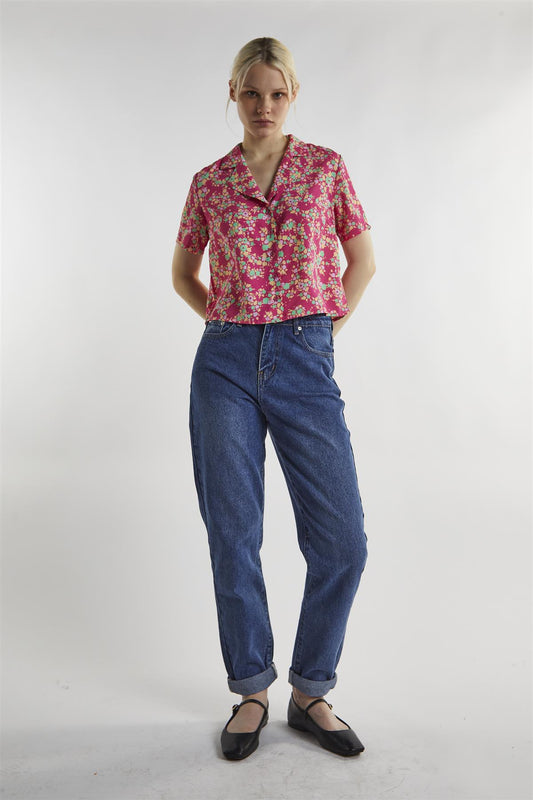 Hot-Pink Multi Ditsy-Floral Crop-Top