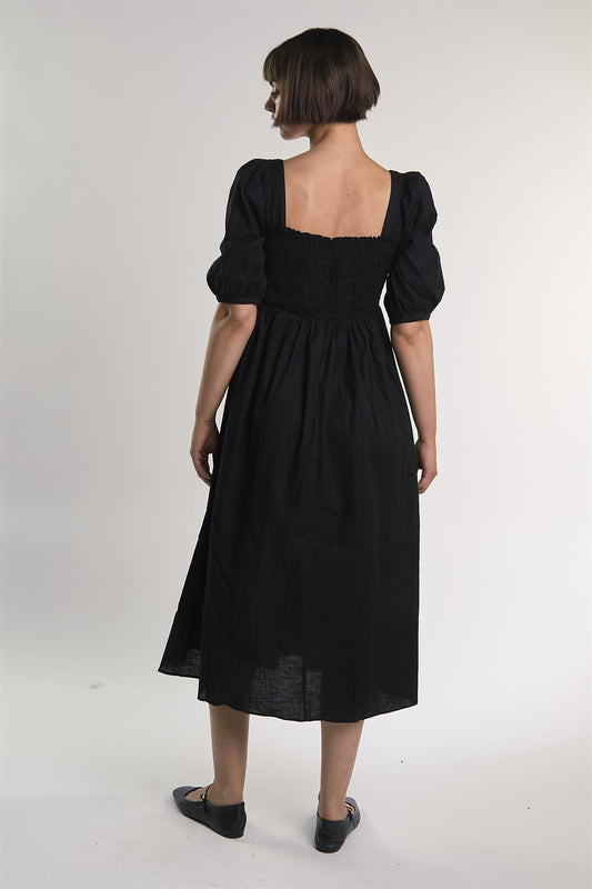 Black Shirred-Front Midi-Dress