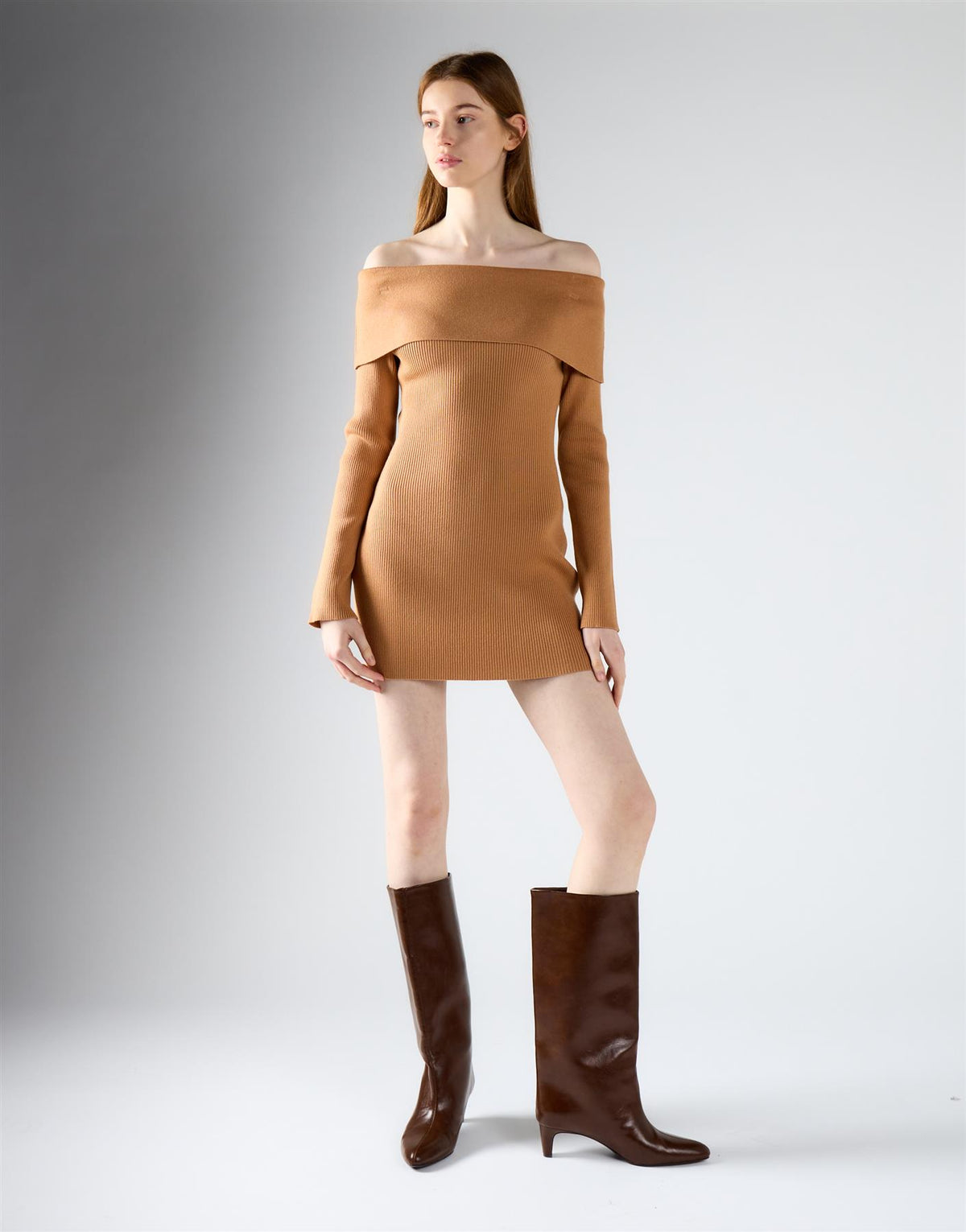 Tan Bardot Knitted Mini Dress