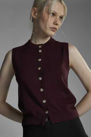 Burgundy Sleeveless-Vest Button-front-Top
