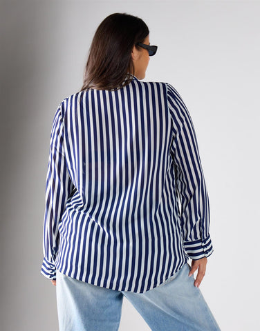 Glamorous Curve Navy Cream Stripe Bow-Collar Blouse