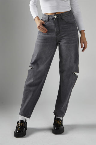 Dark Grey Wash Ripped Straight Jeans