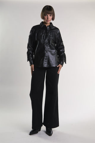 Black PU Faux-Leather Fringe Shirt
