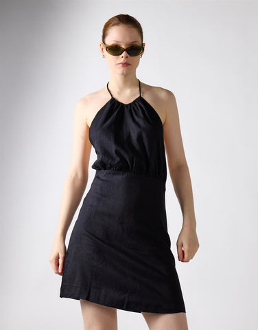 Black Linen Open Tie Back Mini Dress
