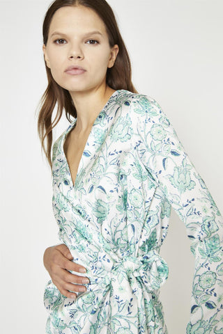 White-Mint Paisley Satin Wrap Mini-Dress