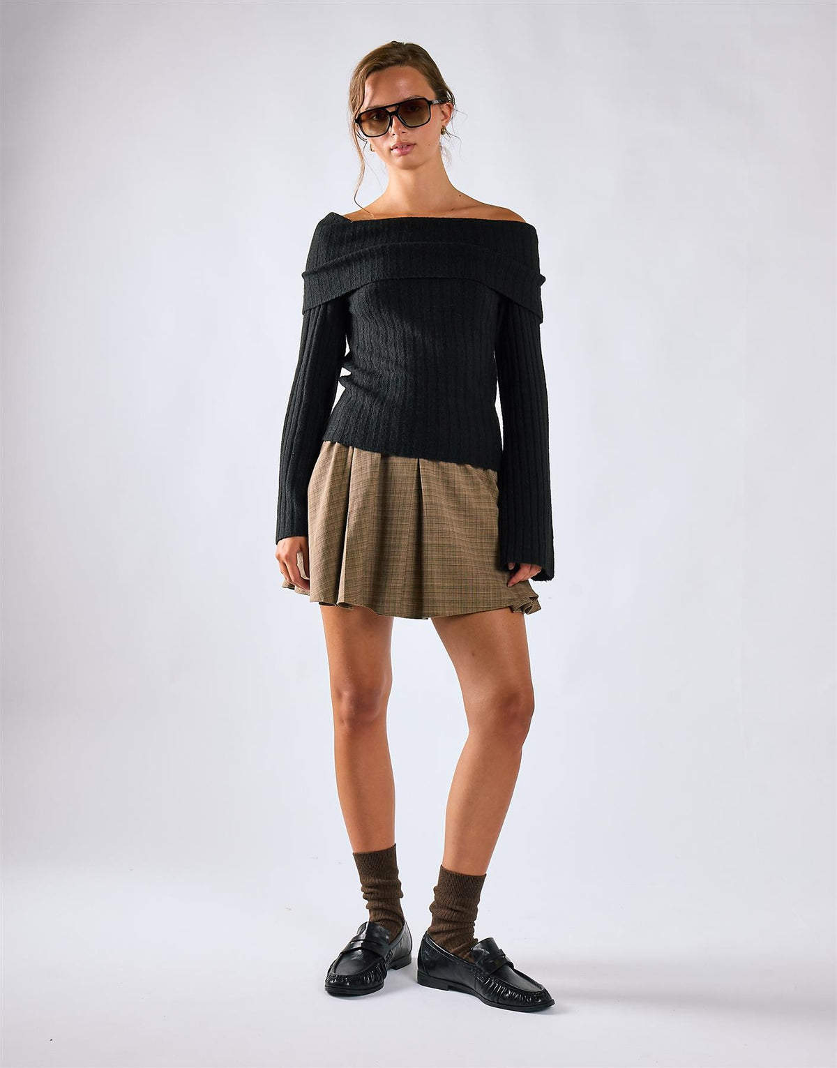 Light Brown Check Pleated Mini Skirt