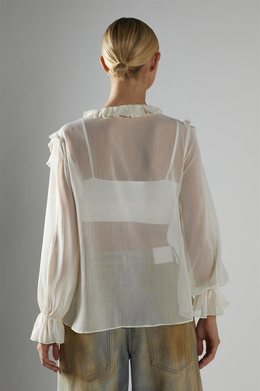 Cream Button-Front-Ruffle Blouse