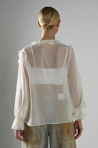 Cream Button-Front-Ruffle Blouse