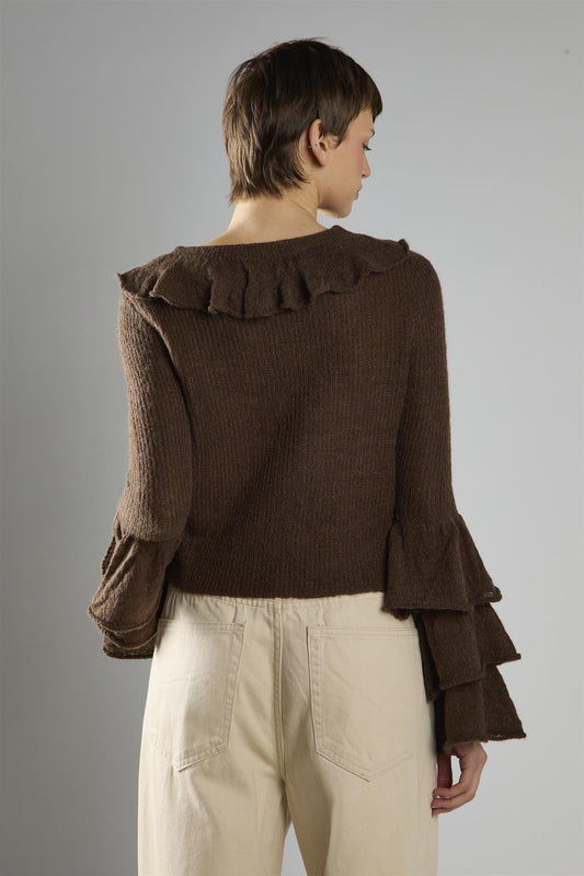 Dark Brown Ruffle Front Tie Long Sleeve Top