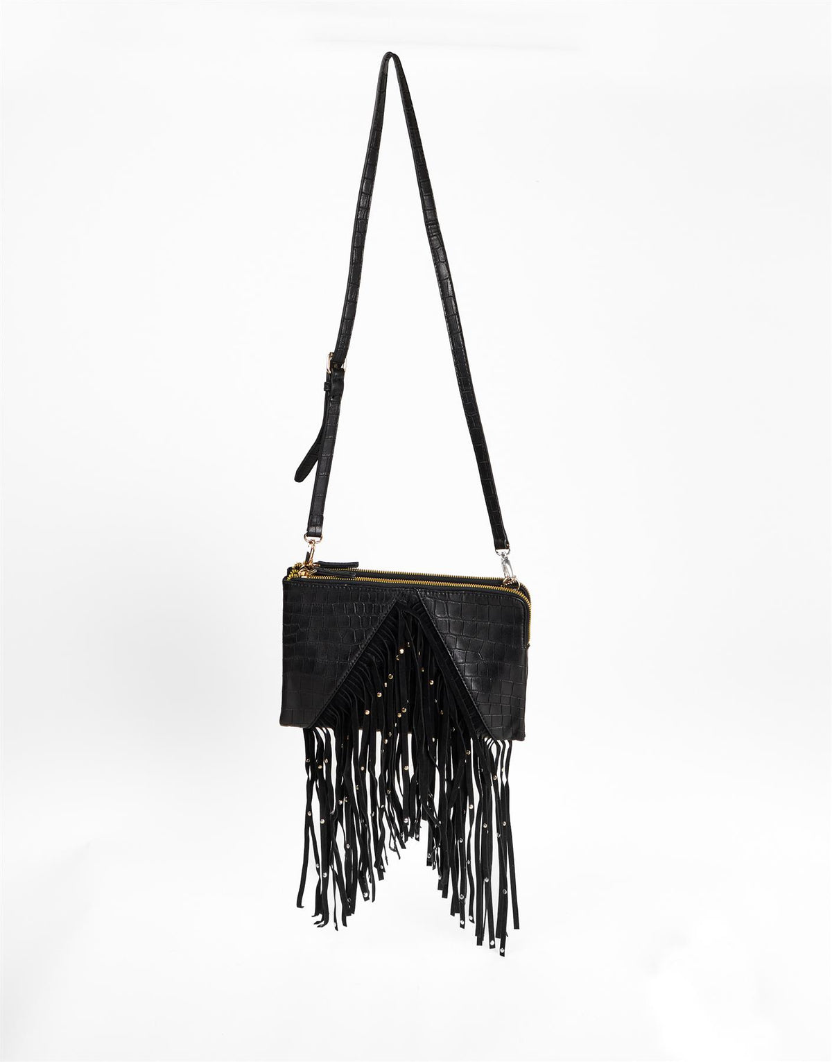 Black Croc Fringe Crossbody Bag