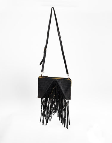 Black Croc Fringe Crossbody Bag