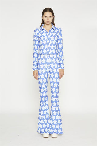 Blue-Large Flower Flared-Trousers