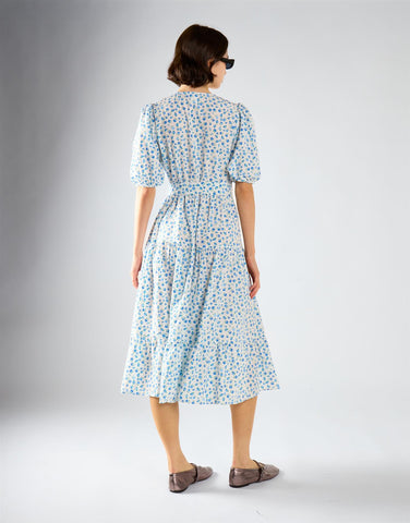 Blue Bud Floral Wrap V-Neck Midi Dress