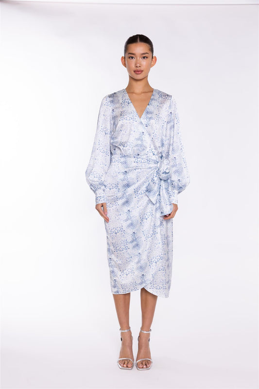 White-Blue Animal Wrap Midi-Dress