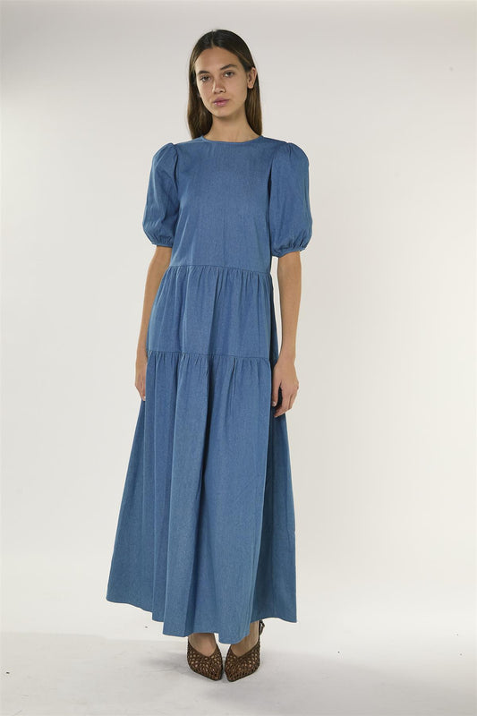 Washed Blue Tiered Maxi Dress with Puff Sleeves