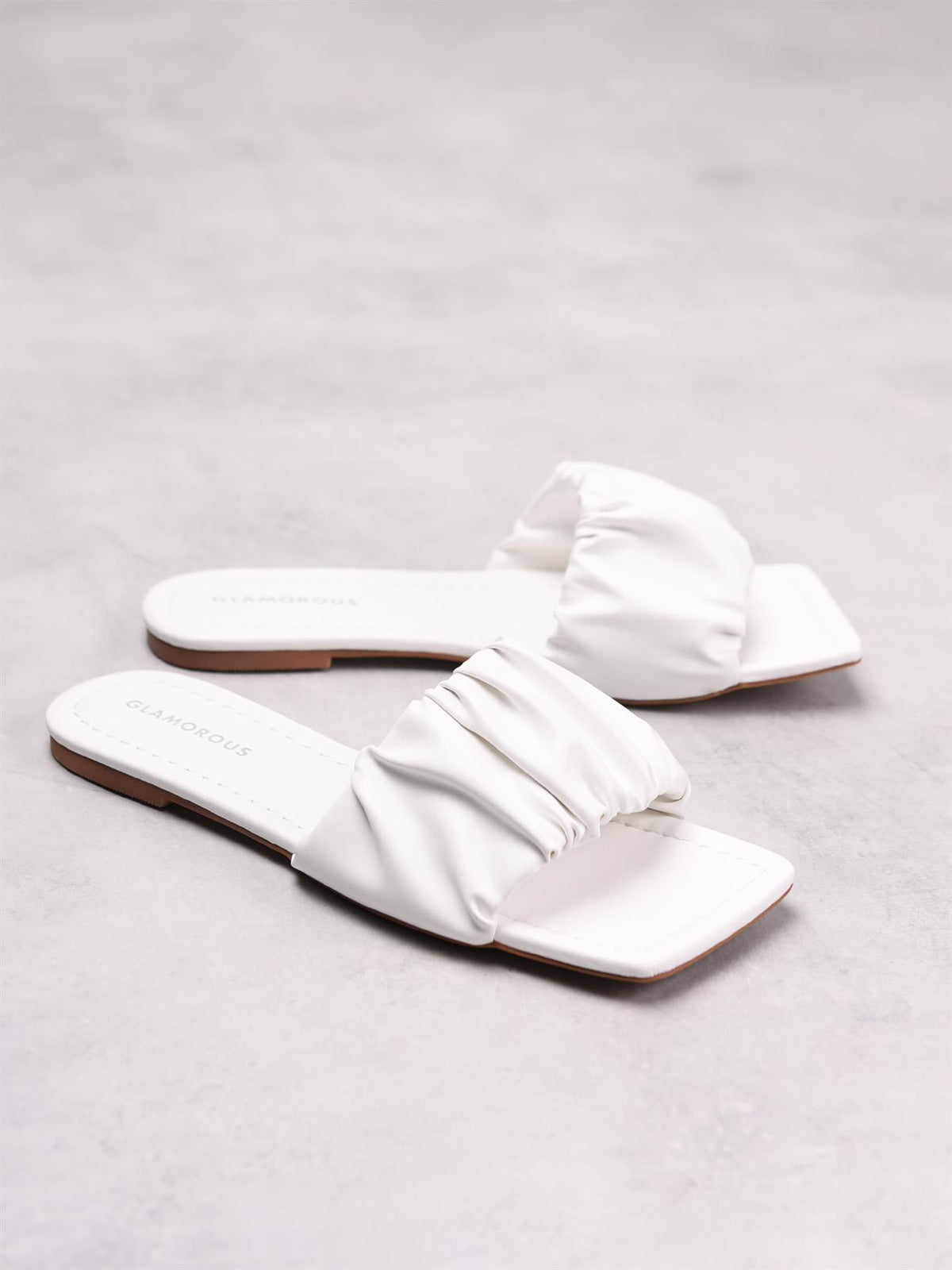 White Ruched Square Toe Sandals
