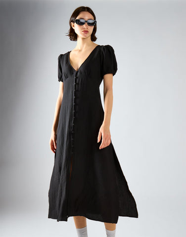 V-Neck Puff Sleeve Midi Dress - Black