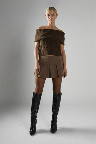 Dark-Brown Bardot-Cable-Knit Jumper