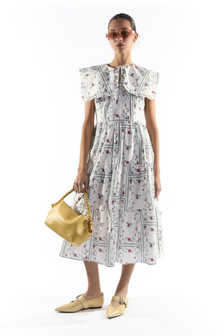White Picnic Print Oversized Collar Tiered Midi Dress