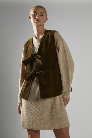 Olive-Brown-Cord Tie-Front Gilet