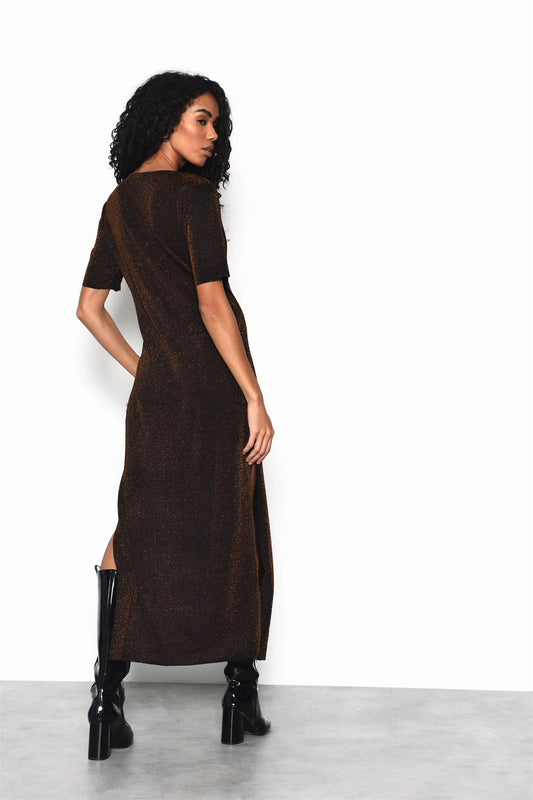 Round Neck Split Front Maxi Dress  in Black Bronze Lurex