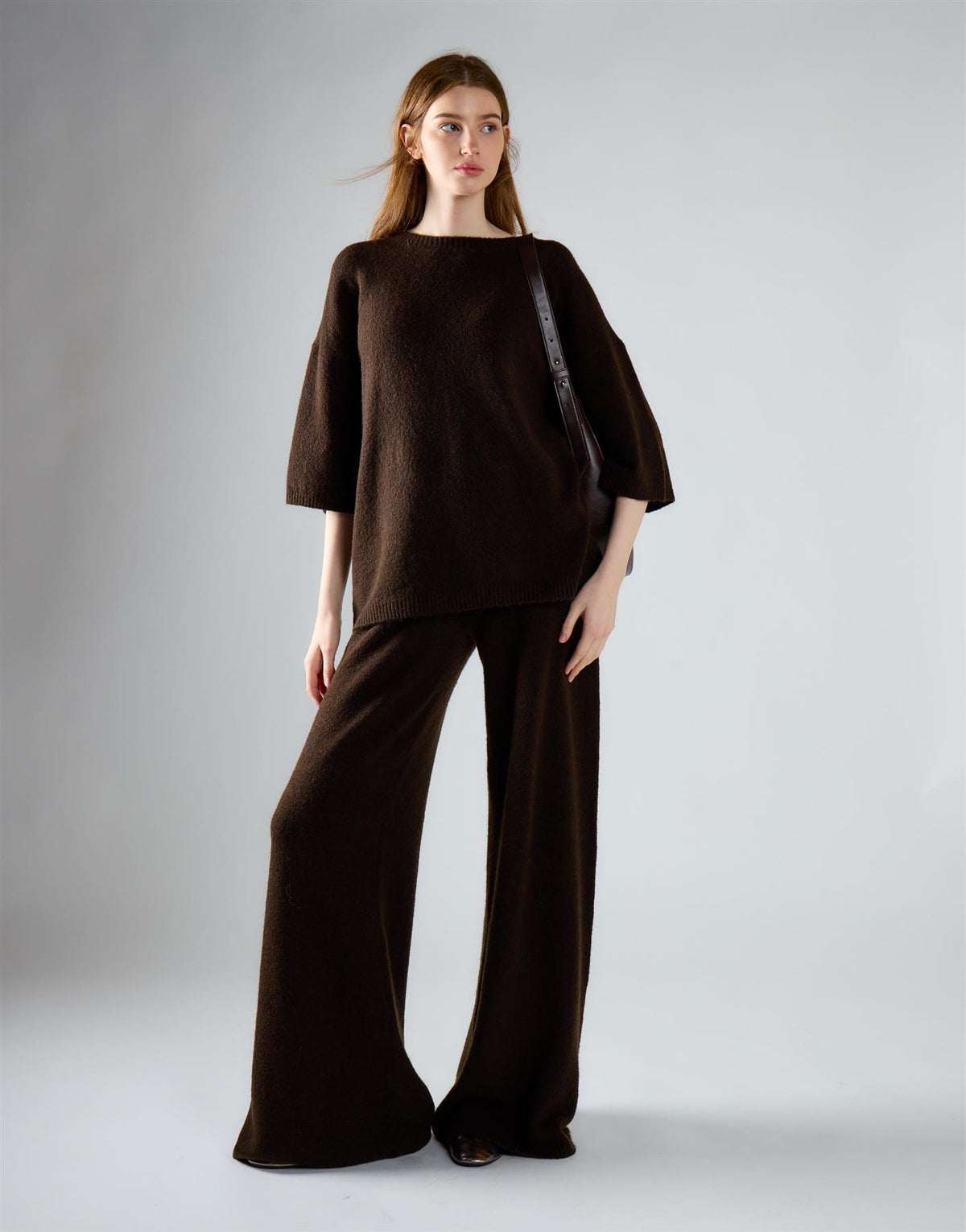 Khaki Brown Knitted Flare Trousers