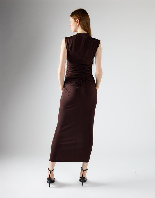 Brown Sleeveless High-Neck Ruched Midi Bodycon Dress