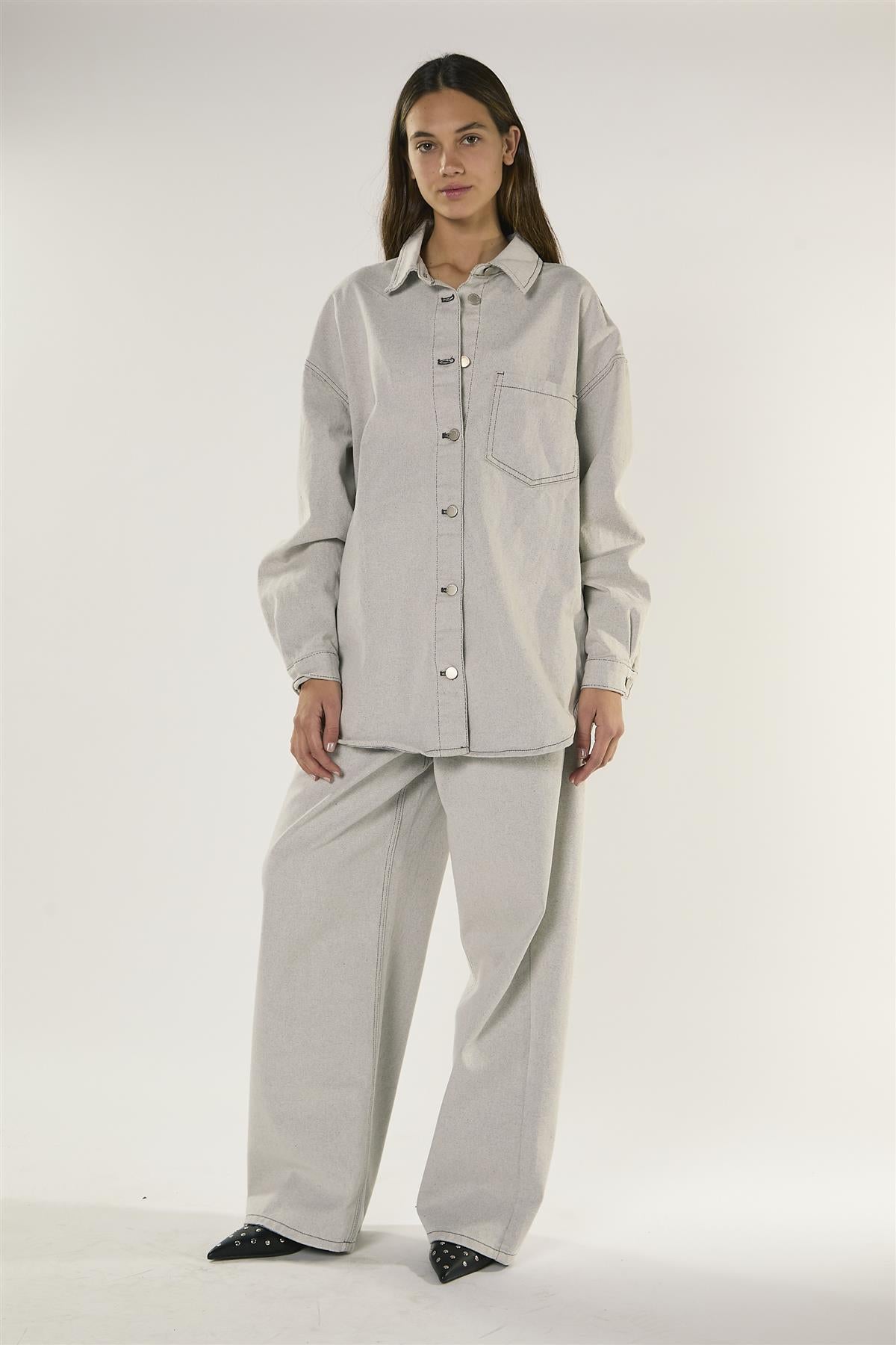 Light Grey Long Sleeve Denim Shirt with Snap On Buttons