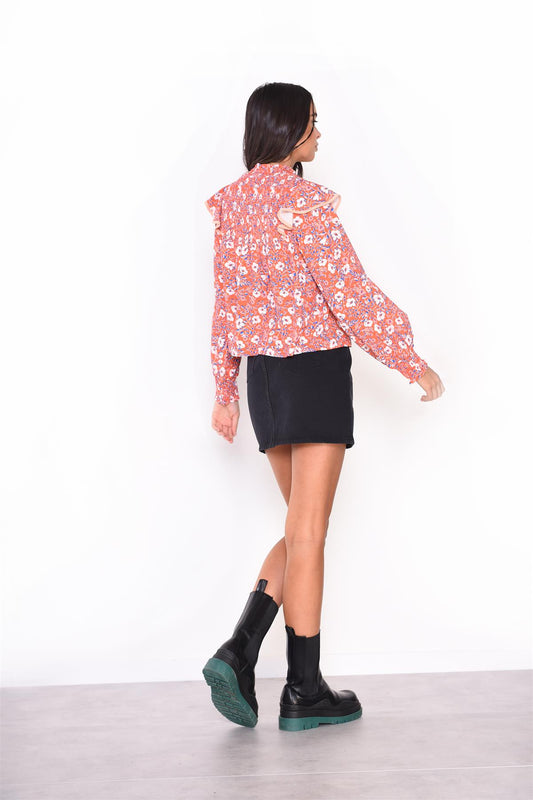 Orange-Folk-Floral-Peach Ruffle Long Sleeve-Top