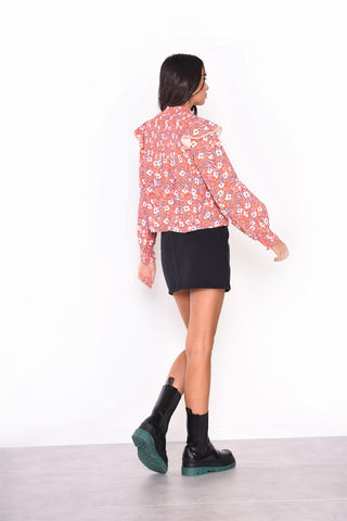 Orange-Folk-Floral-Peach Ruffle Long Sleeve-Top