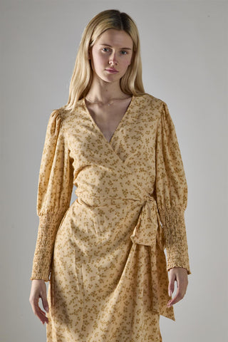 Beige-Mustard-Ditsy Wrap Midi-Dress