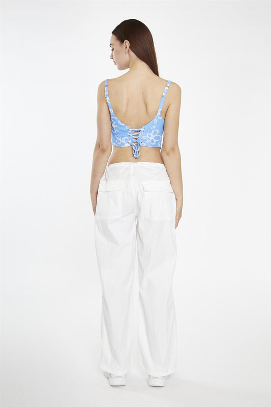 Blue-Scribble-Daisy-Mesh Sleeveless-Corset- Crop-Top