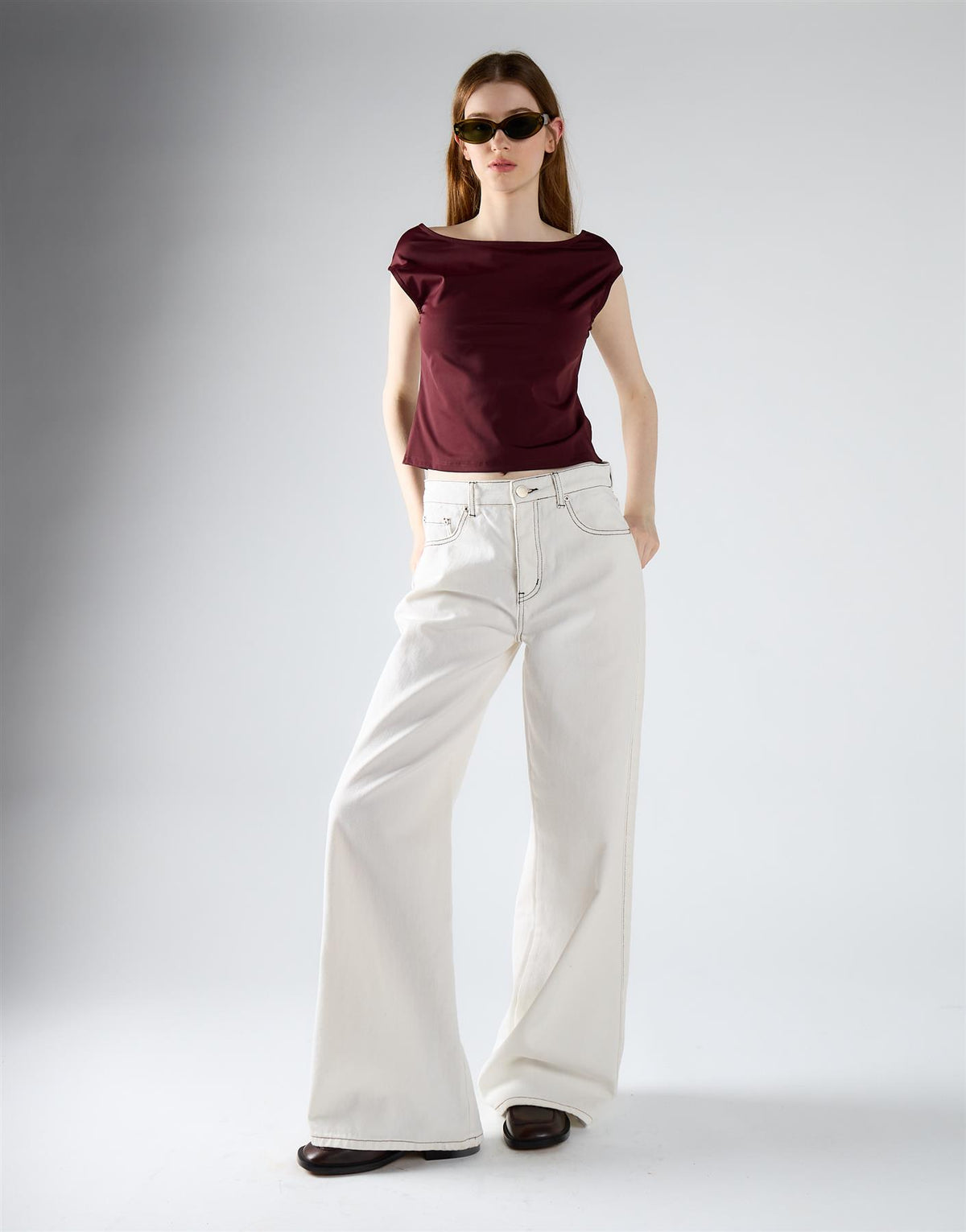 Burgundy Open Square Back Cap-Sleeve Top
