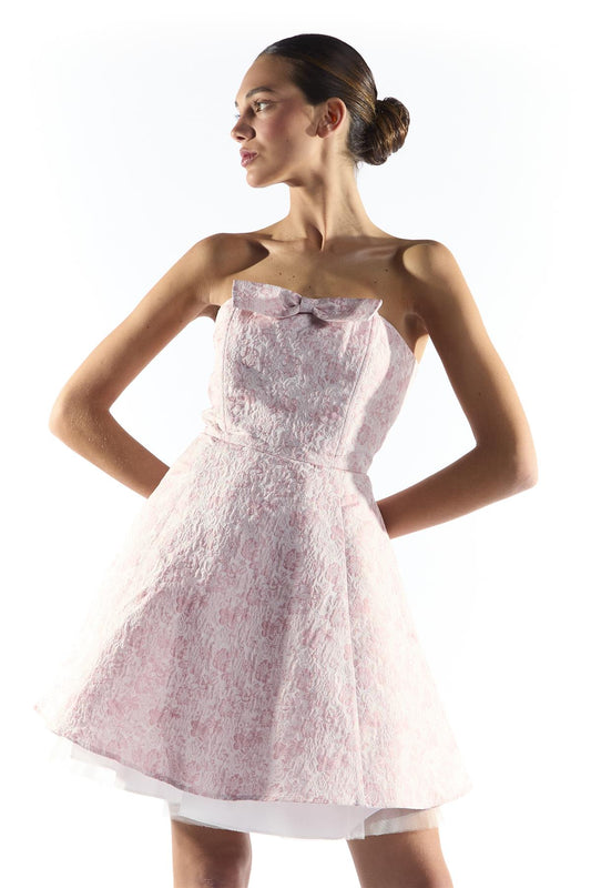 Pink Floral Brocade Bandeau Mini Dress