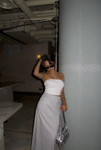 Light-Grey-Pinstripe Pencil Maxi Skirts