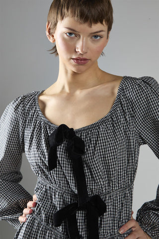 Black Check Velvet Bow Maxi Dress