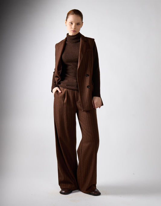 Narrated Brown Stripe Pleated Wide-Leg Trousers